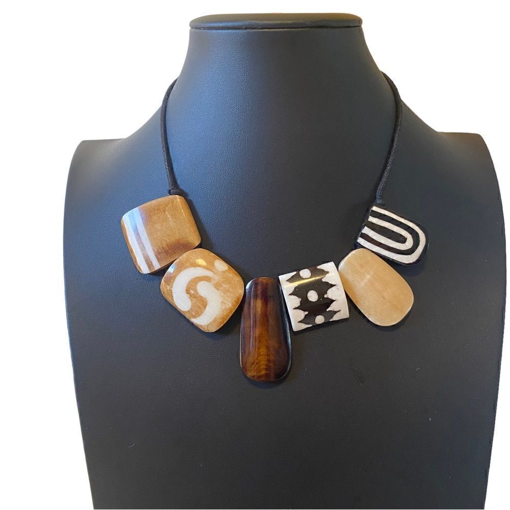 Six Piece Stone Tribal Looking Necklace on Black Adjustable Slide Cord.
